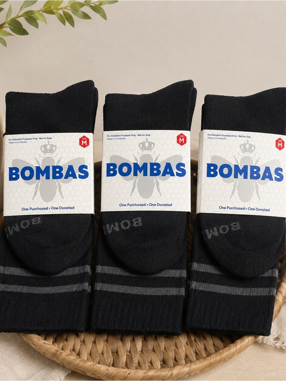 Bombas Black Crew Socks with Subtle Gray Stripes